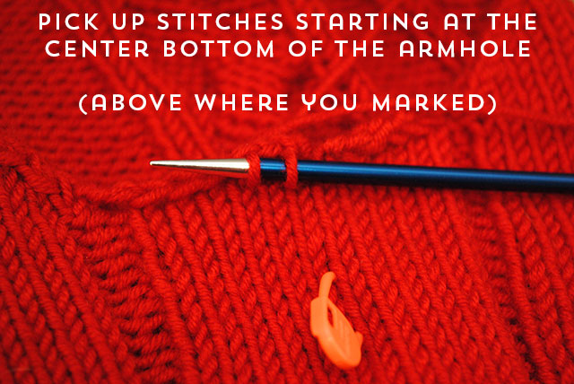 pick up stitches starting at center bottom of armhole