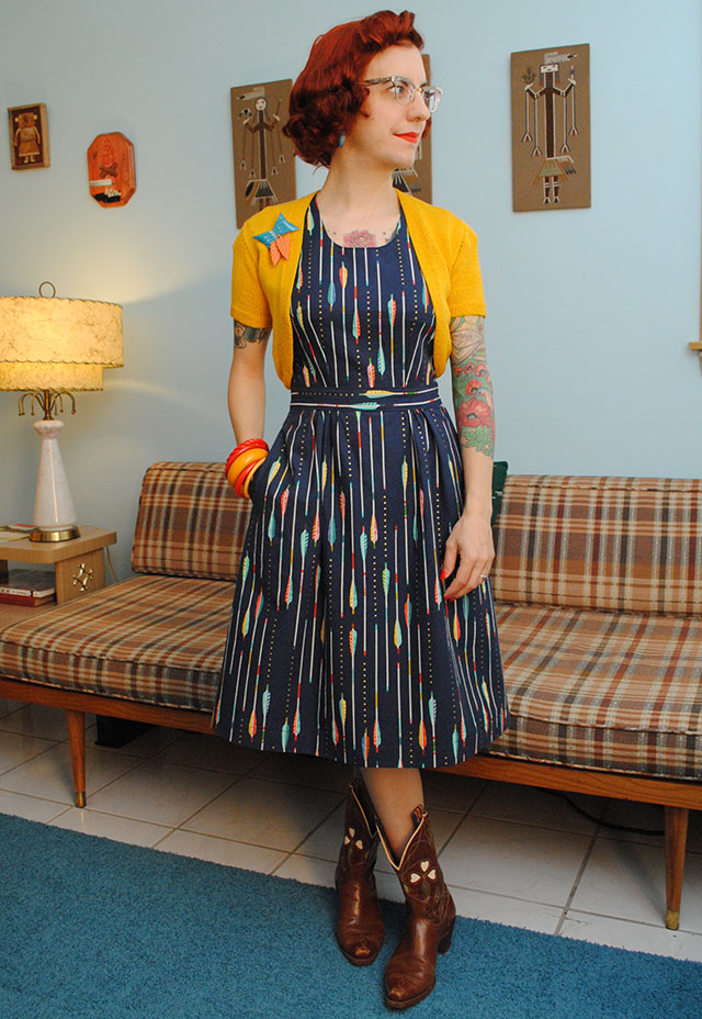 Cotton + Steel arrow dress with a kicky yellow bolero 