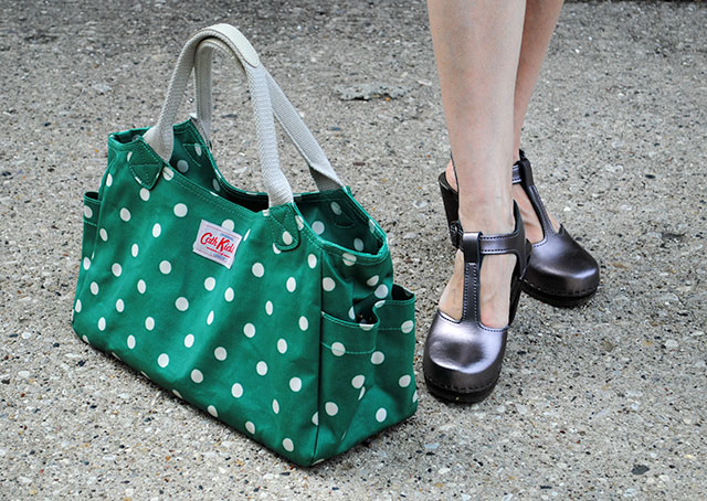 Cath Kidston day bag and pewter Sven Clogs