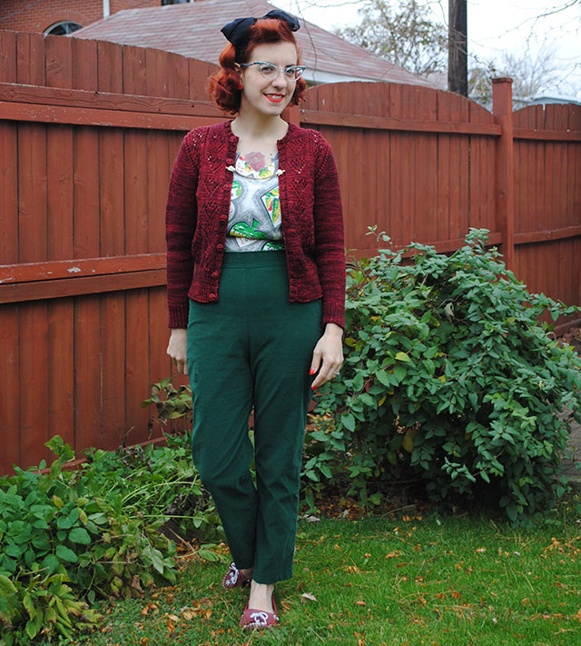 Ten of Hearts cardigan and Butterick B5895 trousers