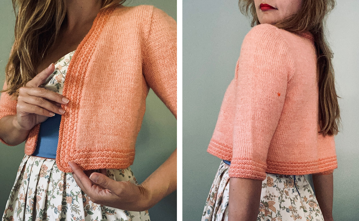Test knitter Lianne's Confidette bolero with seed stitch border and cuffs