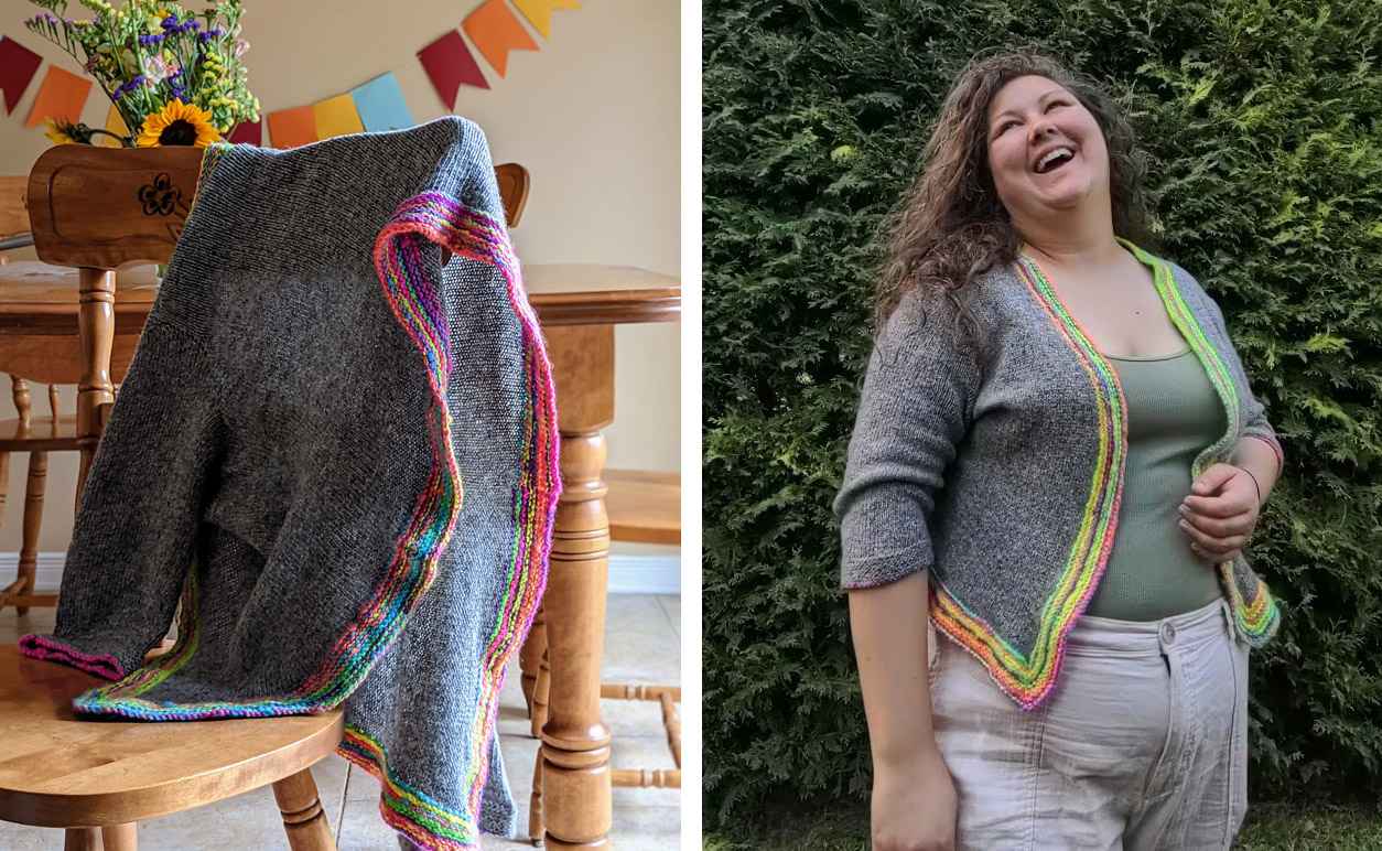 Test knitter Tara's Confidette bolero with rainbow border