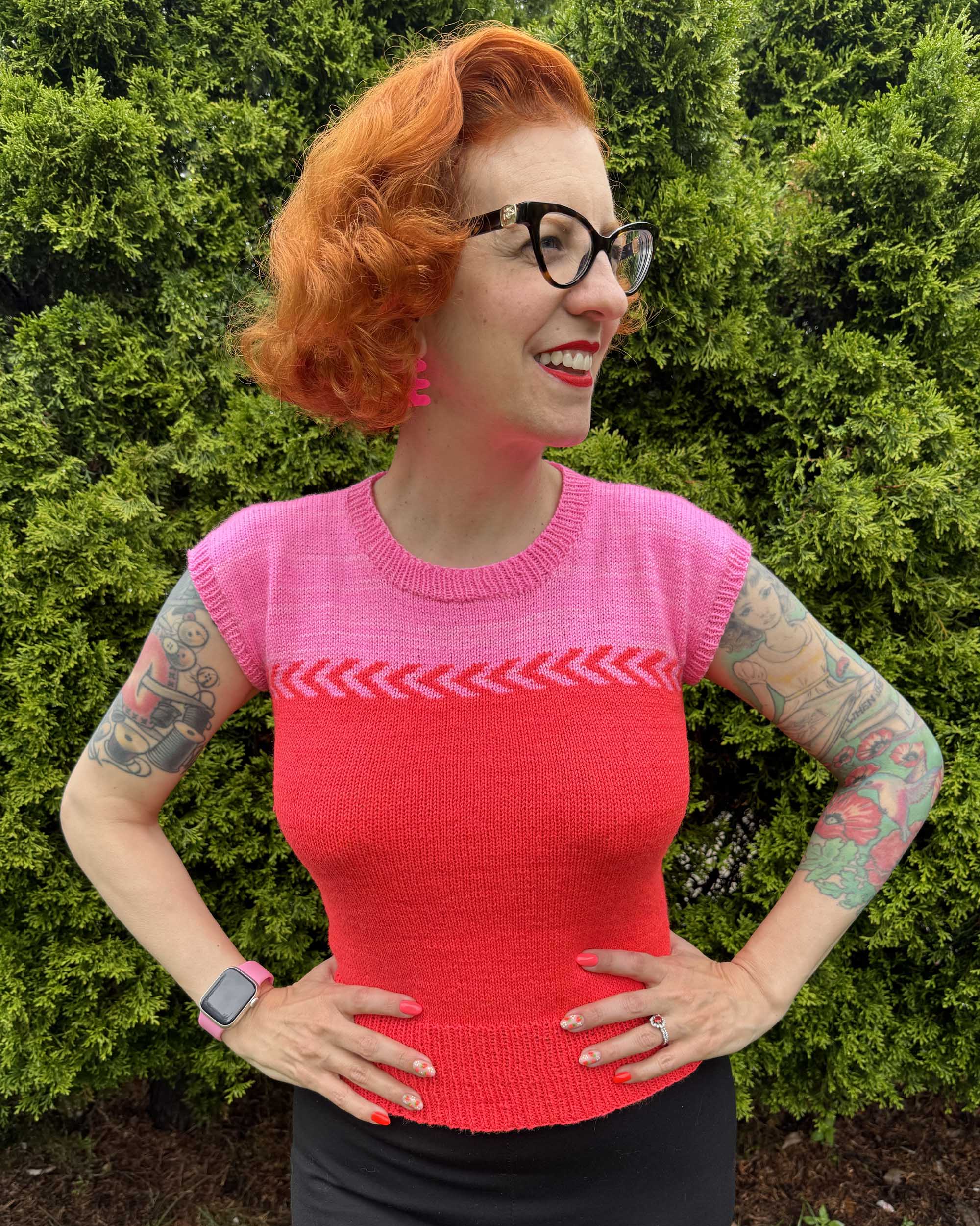 Two-color Countertone Top pattern shown in pink and neon red