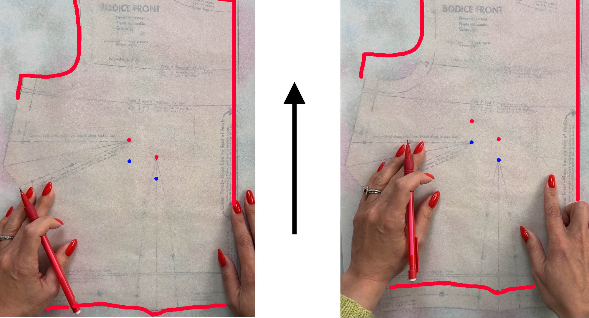 side by side of sliding tracing paper up on top of a vintage sewing pattern bodice