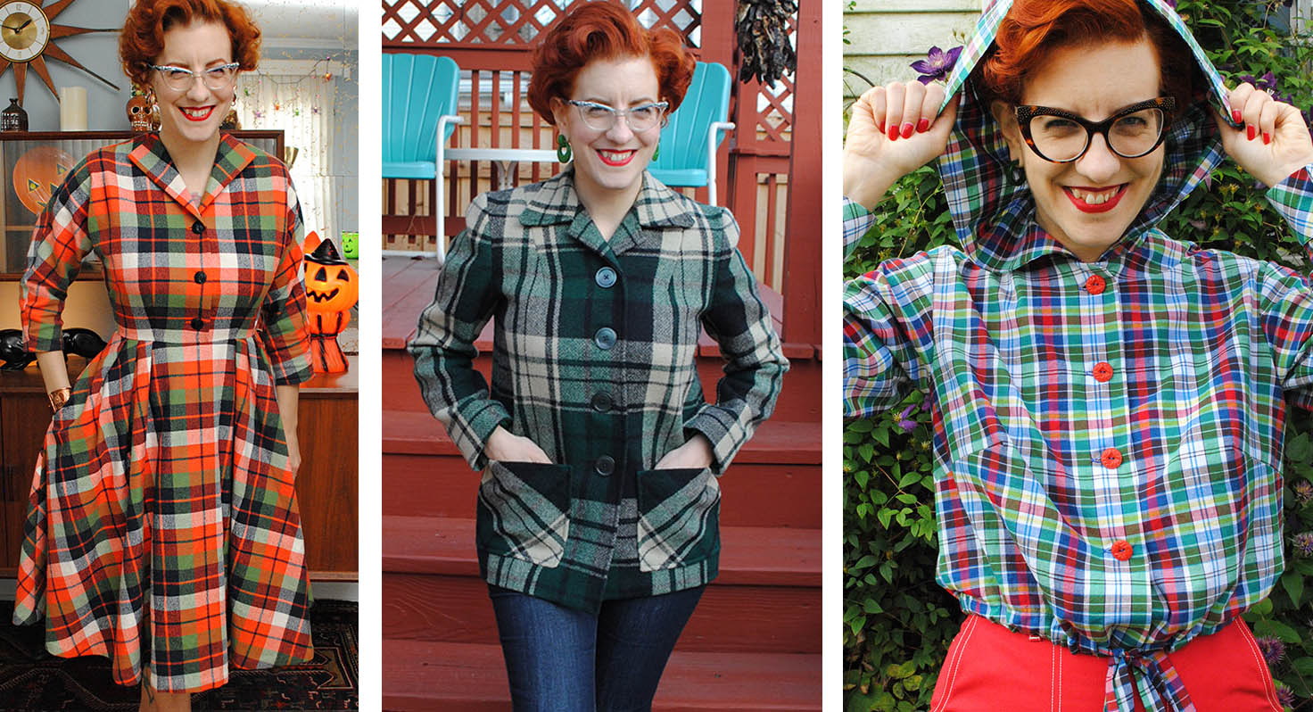 3 photo montage of Tasha wearing handmade plaid garments with perfectly matched plaid